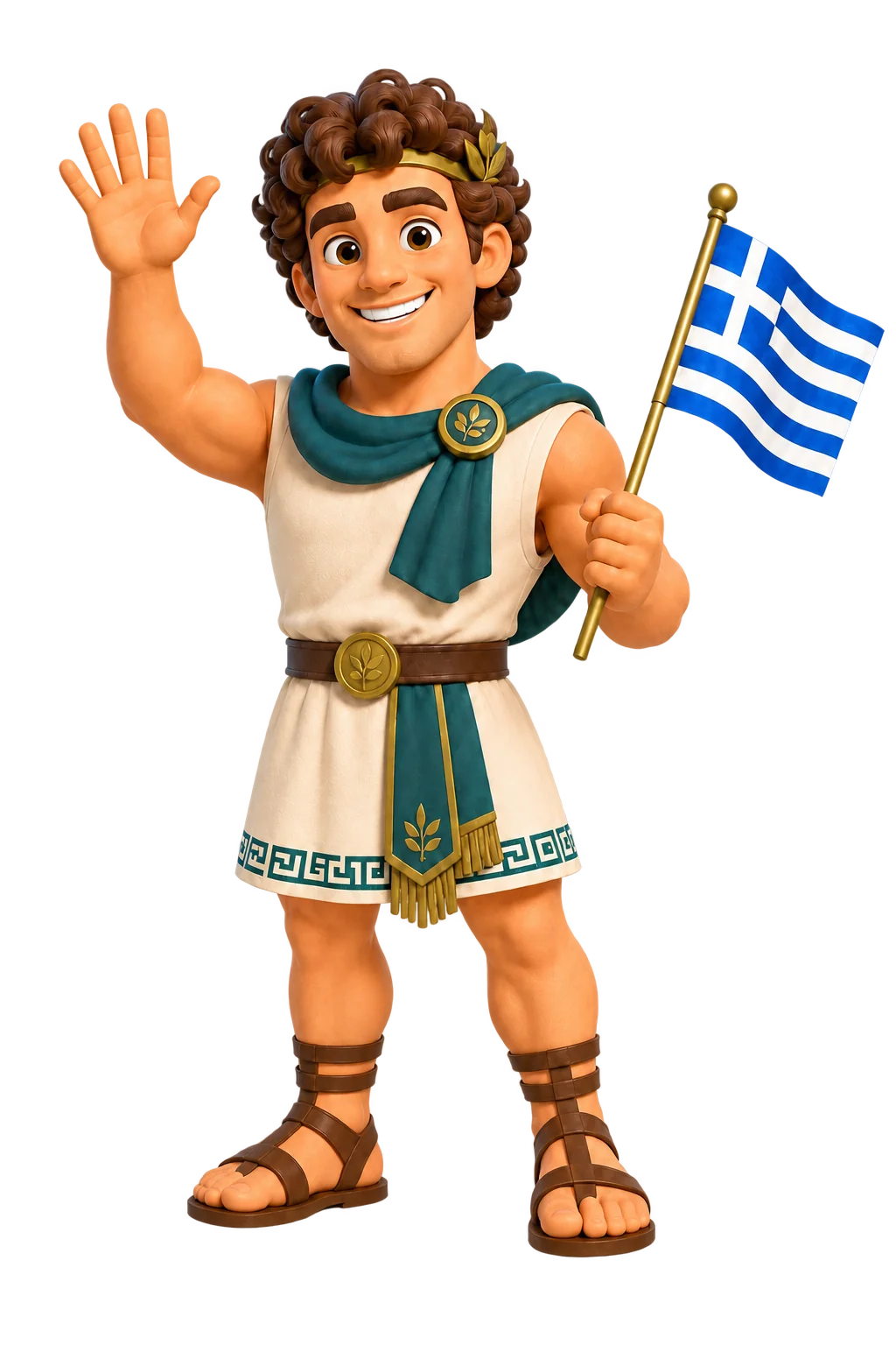GreekMate mascot waving and holding a Greek flag