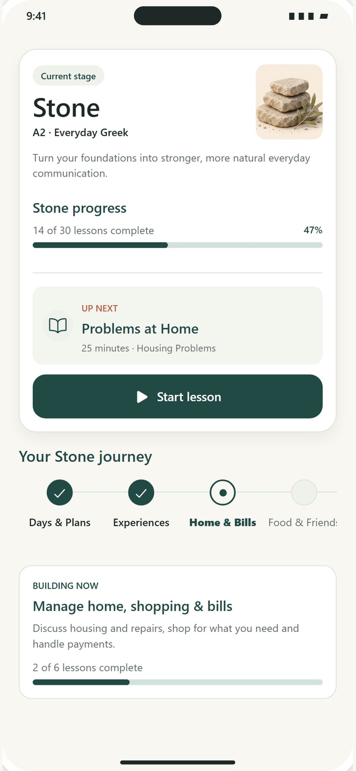GreekMate Stone learning journey showing lesson progress and the next lesson