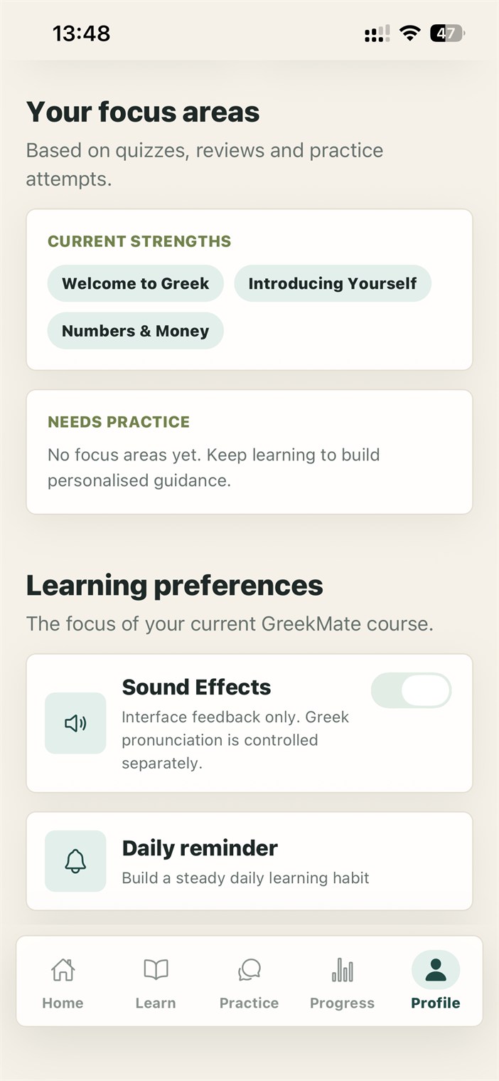 Focus areas screen showing learning strengths and topics needing practice