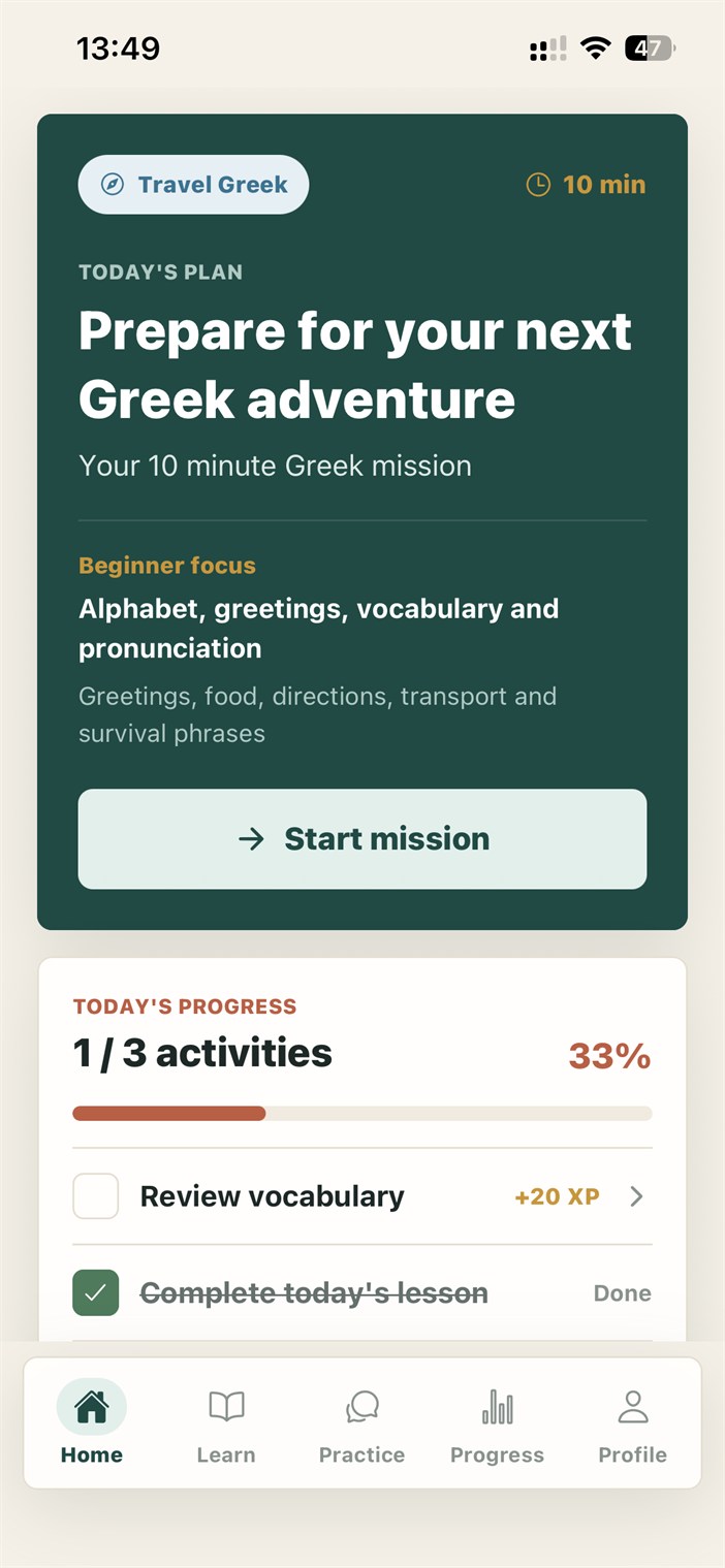 Home screen with a personalised ten-minute Greek mission