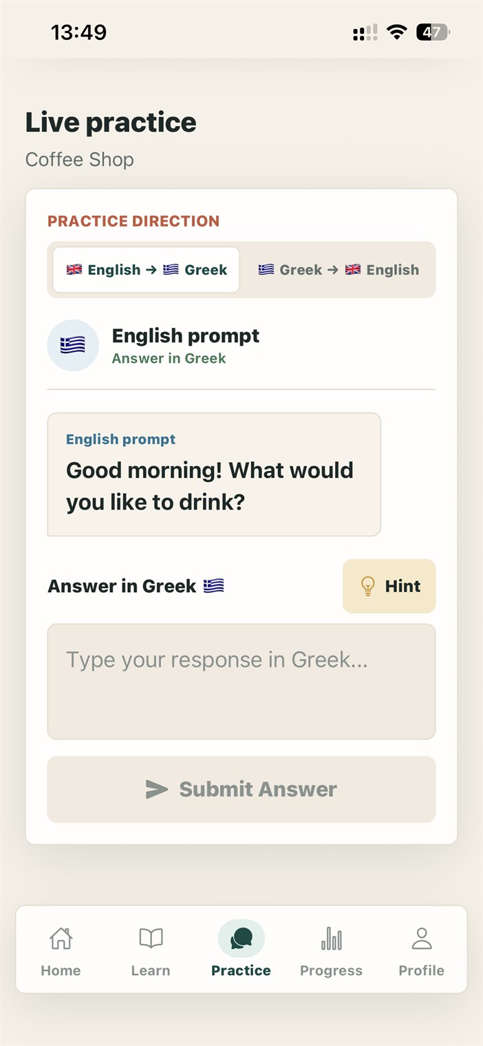 Live practice screen for a coffee shop conversation