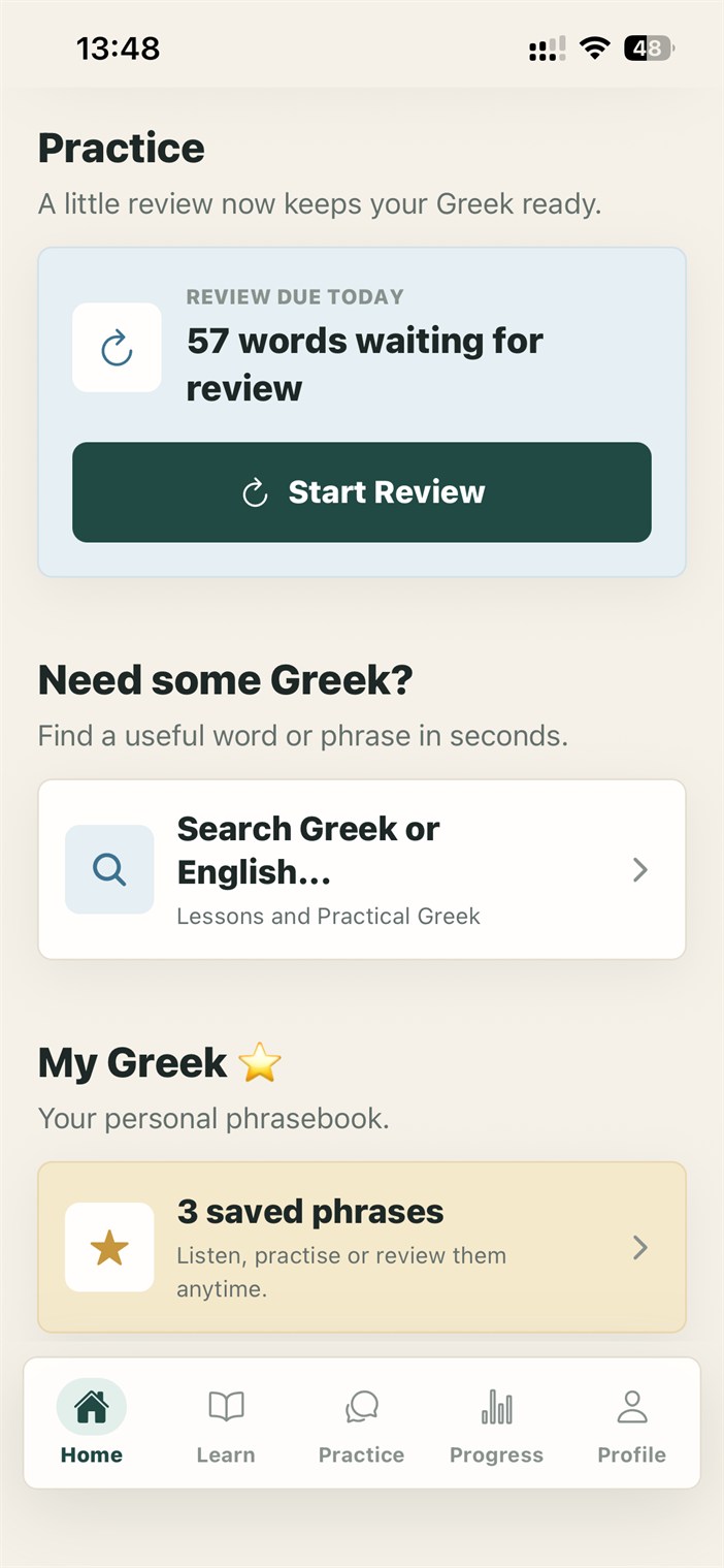 Practice screen showing reviews, Greek search and saved phrases