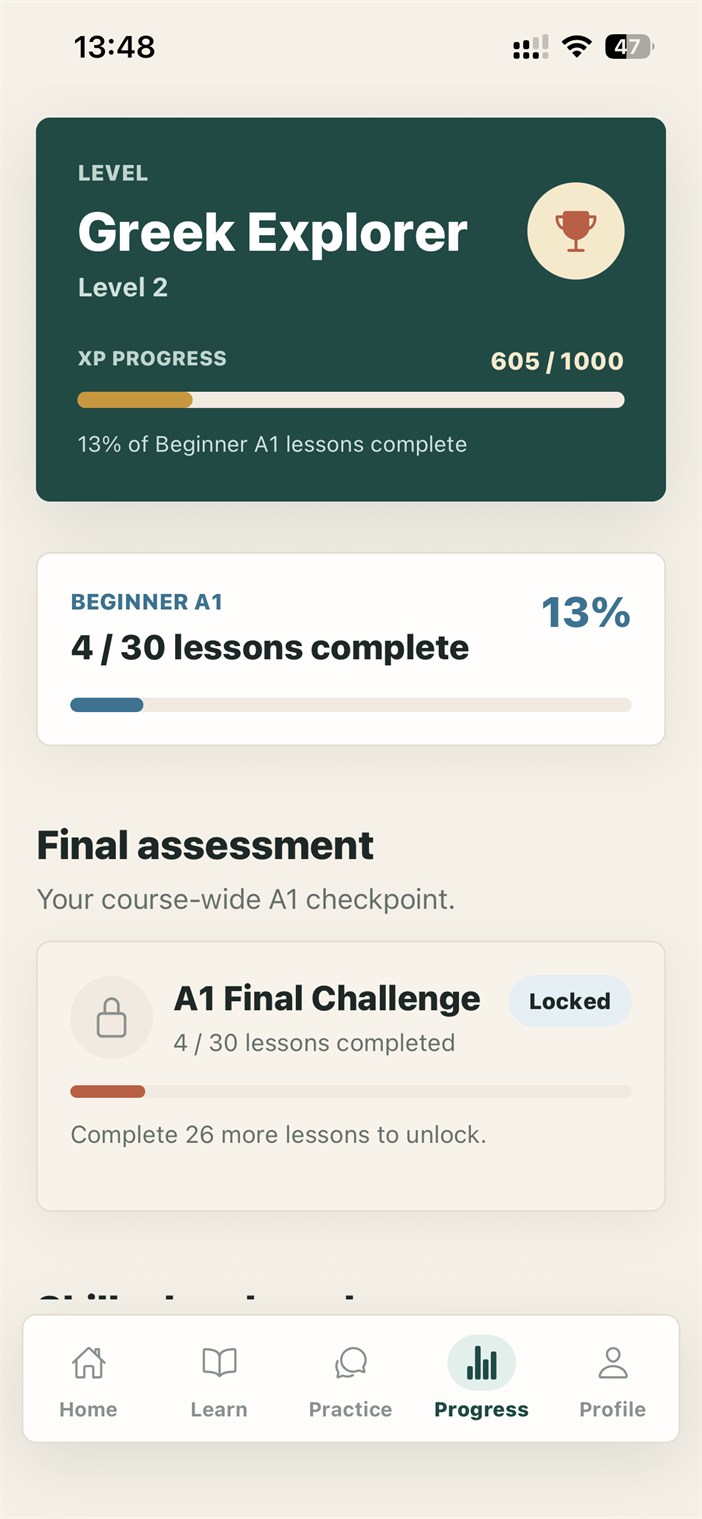 Progress screen showing XP and A1 course completion